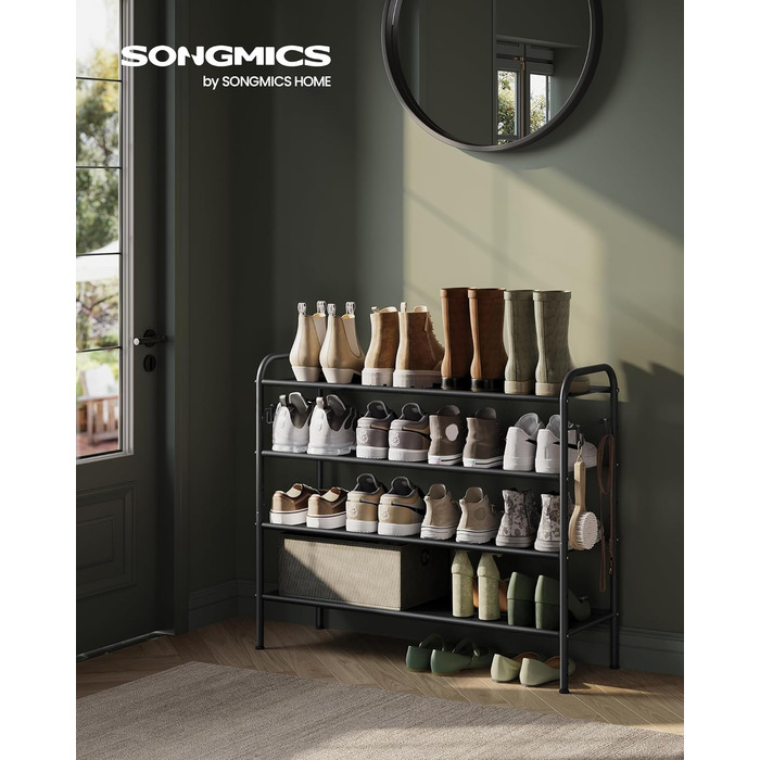 SONGMICS стелаж для взуття, 3 рівня, тканинний, з 4 боковими гачками, на 12 пар, регульована полиця, для коридору, легке збирання, чорний