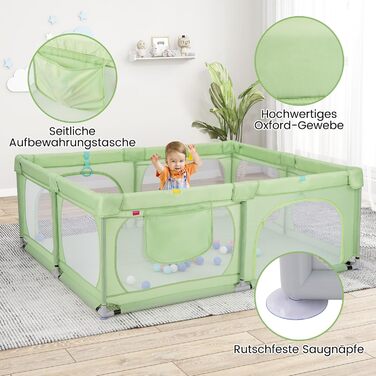 Дитячий ігровий манеж COSTWAY 189x158 см, з 50 кульками, 4 ручками та 4 дверцятами на блискавці, дихаюча сітка, зелений, без матраца