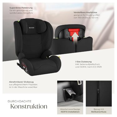 Автокрісло Tectake з 5-точковим ременем, i-Size, бічний захист, для дітей 76-150 см (до 36 кг), чорне, з Isofix