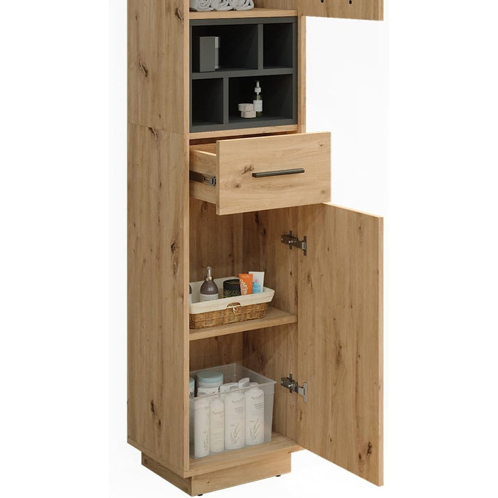 Високий шафа для ванної Vicco Beatrice, дуб артизан/антрацит, 38x190 см з дверцятами, шухлядою та відкритими полицями