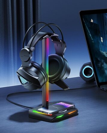 Підставка для навушників New bee RGB з бездротовою зарядкою, геймерська стійка для гарнітури з USB, 2 Type-C, 11 режимів підсвітки, чорна (Z12)