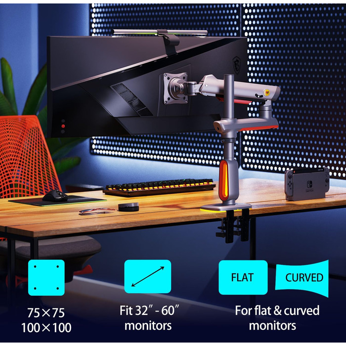 Кріплення для монітора NB Ergonomic RGB, 32-60 дюймів, для широких та вигнутих моніторів, максимальне навантаження 20 кг, VESA 75/100 мм (червоний)