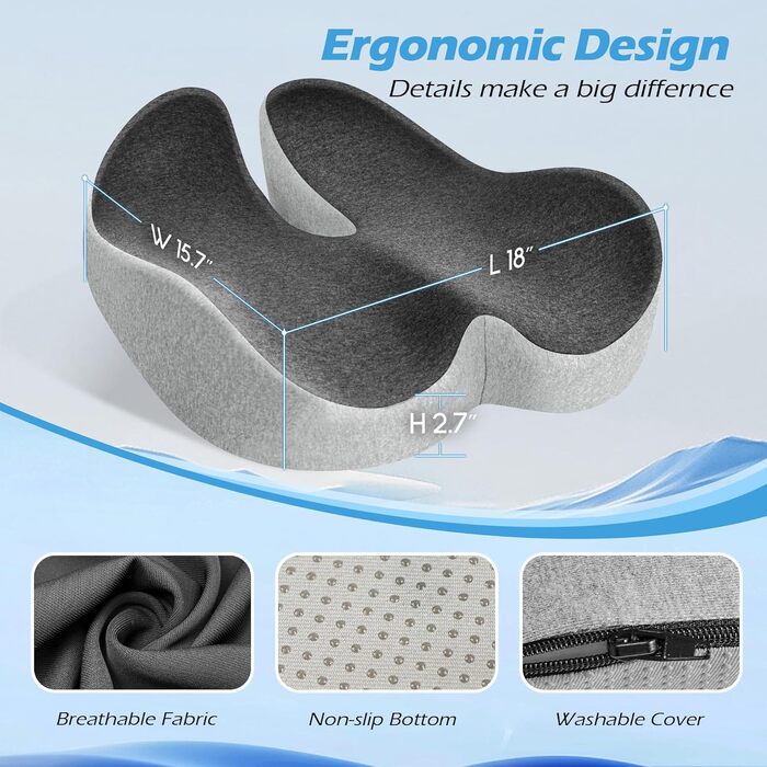 Подушка для офісного крісла Lofty Aim з Memory Foam: ергономічна, для куприка, при болях в спині та сідницях, для офісу, авто, літака, інвалідного візка – чорний та сірий