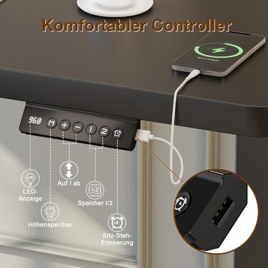 Електричний регульований стіл JUMMICO 100x60 см, чорний, з USB-портом для зарядки, ергономічний