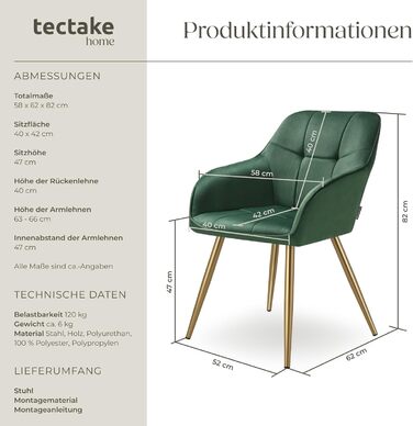 Крісло tectake® з оксамиту, сучасні кухонні стільці, крісло для вітальні, стілець для туалетного столика - (набір 1 шт, темно-зелений/золотий)