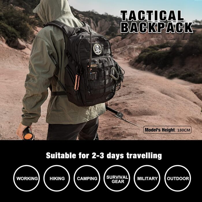 Mardingtop тактичний військовий рюкзак 40л з MOLLE, чорний, для туризму, походів і кемпінгу