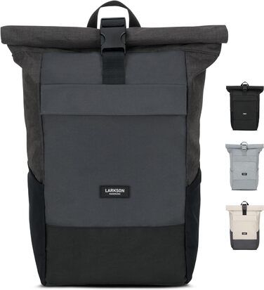 Рюкзак LARKSON Rolltop для жінок і чоловіків, водостійкий, для ноутбука, подорожей, роботи, університету, велосипедний, чорний/сірий, універсальний розмір