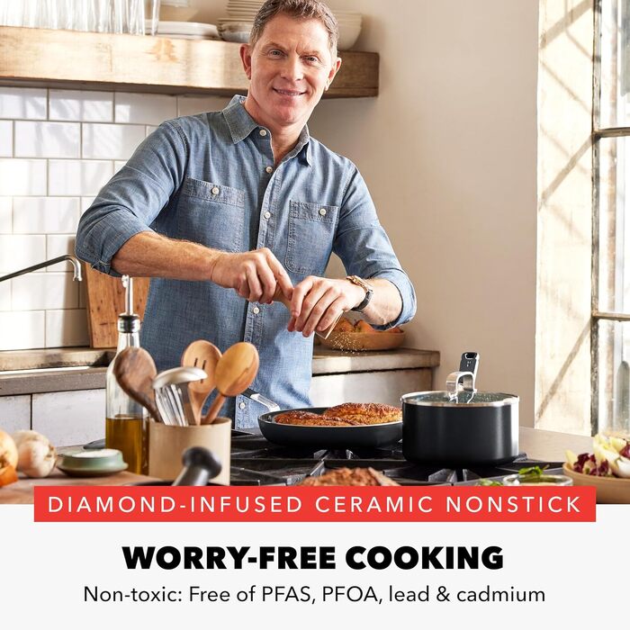 Набір кухонного посуду GreenPan x Bobby Flay 13 предметів: професійний алюміній, антипригарне покриття з кераміки без PFAS/PFOA, індукційний, силіконовий, безпечний для миття в посудомийній машині (сковорода 20 см)