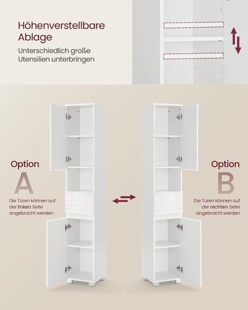 VASAGLE Шафа для ванної кімнати, класичний білий, з висувною шухлядою, відкритою полицею та регульованими полицями, 30x30x170 см, меблі для ванної