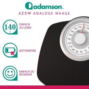 Механічна вага Adamson A25W, до 180 кг, велика шкала, антиковзаюча поверхня, біла, для дому та ванної, підтримка 20 років