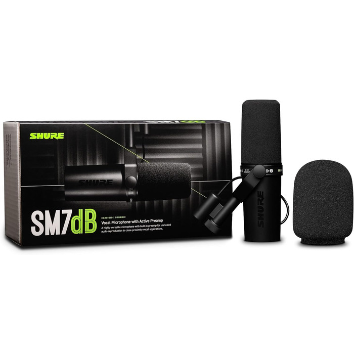 Мікрофон Shure SM7dB динамічний для мовлення, вокалу та подкасту з вбудованим підсилювачем, широкий частотний діапазон, теплий м'який звук, чорний
