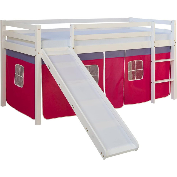 Дитяче ліжко Homestyle4u 90x200 см, біле, з гіркою та рожевим шторкою, дерев'яне ліжко-горище з сосни для дитячої кімнати