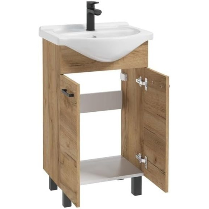 Domodomo Підлогова тумба для ванної з умивальником 85x50x41 см, кераміка, дуб Craft, з шухлядою, сифоном і змішувачем