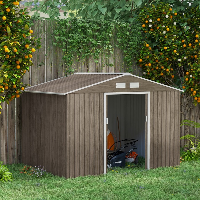 Outsunny Garden Shed 4,9 м², Садовий сарай з моноскатним дахом, Розсувні двері, Фундамент, 277 x 195 x 192 см, Сарай для інструментів з оцинкованої сталі, Стійкий до погодних умов, Для саду, Світло-коричневий