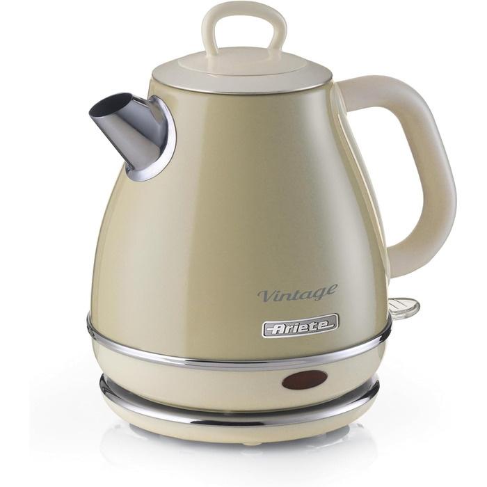 Електрочайник Ariete Vintage 2868, ретро стиль, 1 л, 1600 Вт, бежевий, з автоматичним вимкненням, нержавіюча сталь, бездротовий 360°-поворотний піддон