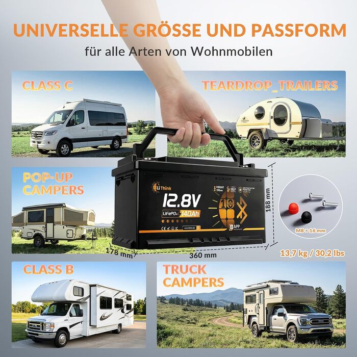 LiFePO4 акумулятор 12V 100Ah H190 ECE R10 з Bluetooth 5.4 для кемперів та автобудинків, літієва батарея (набір 2 шт)
