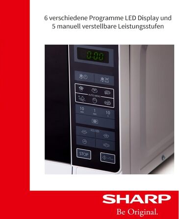 Мікрохвильова піч Sharp R242INW, 20 л, 800 Вт, 5 режимів, 8 авто програм, розморожування за вагою і часом, дитячий захист, енергозбереження, скляний піддон 25,5 см, срібляста