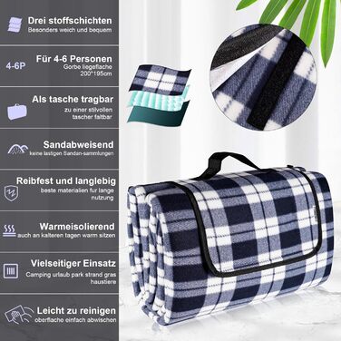 Пікнік-ковдра Homewit XXL 200x200 см, водонепроникна, термоізольована, складана, з ручкою, для 4-6 осіб, синьо-біла, для пляжу та кемпінгу