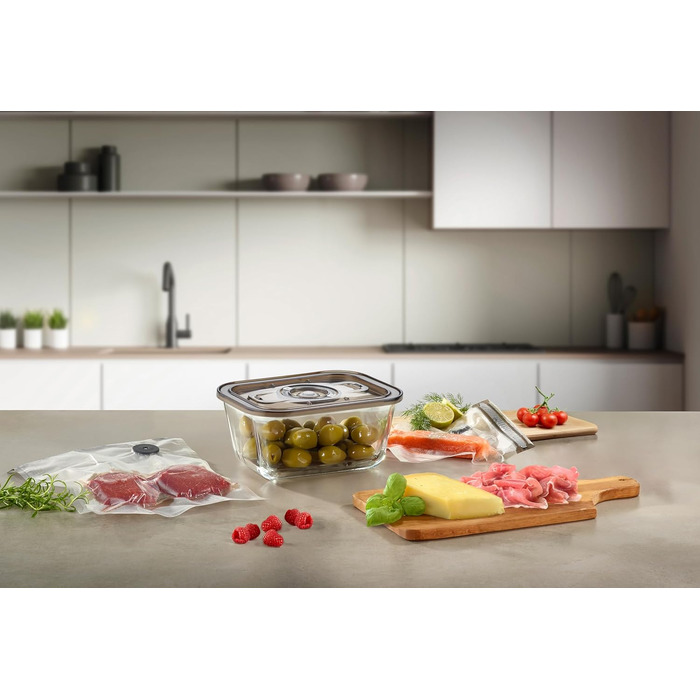 Вакууматор CASO Vacu OneTouch Eco-Set: бездротовий ручний вакууматор, 3 скляних контейнери, 10 ZIP-пакетів та стікери Food Manager, акумуляторний, чорний