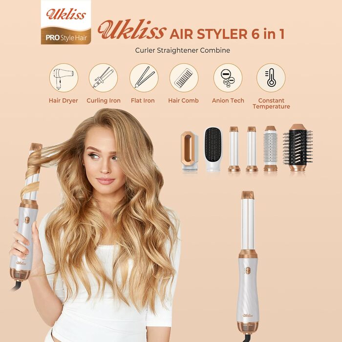 UKLISS Hairstyler 6 в 1: Професійний фен-щітка з насадками для укладки волосся 1000 Вт, повітряна щітка, мультистайлер, білий (золотий)