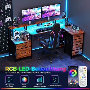 Ігровий кутовий стіл IRONCK L-подібний з LED-підсвіткою, розетками (2AC+1USB+1C), 6 шухлядами та підставкою для монітора, 189x100 см, Вінтажний коричневий