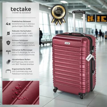 Набір валіз Tectake 4шт з ABS пластику, S-M-L-XL, з роликами, телескопічним ручками та замками, з ваговою шалькою та аксесуарами для валіз (Вишневий)