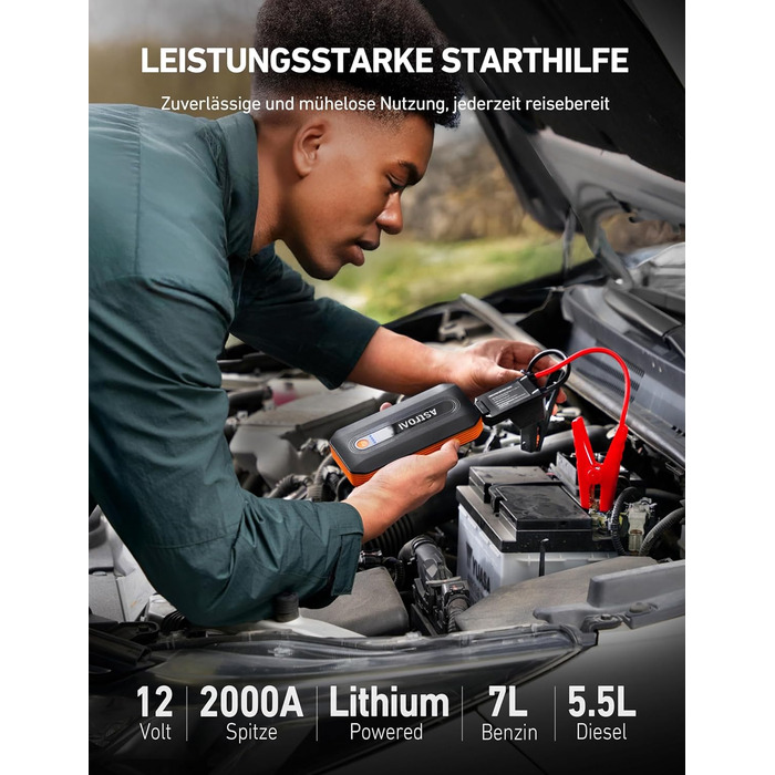 Powerbank AstroAI B8 для автомобіля: пускова станція, 7.0L бензин/5.5L дизель, LED, QC 3.0 USB, 12V