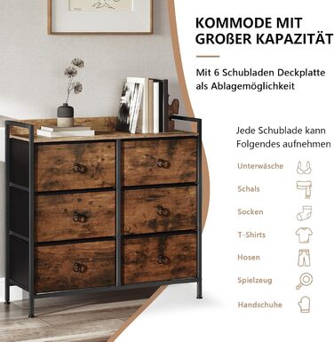Комод WOLTU з 6 тканинними шухлядами, шафа-органайзер для спальні, вітальні, передпокою, металевий каркас, індустріальний стиль, вінтажний коричневий + чорний