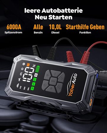 Портативний пусковий пристрій YaberAuto з компресором, 150 PSI, 6000A, 23800mAh, Jump Starter для бензинових та 10.0L дизельних двигунів з LCD-дисплеєм та світлодіодом 500 люмен