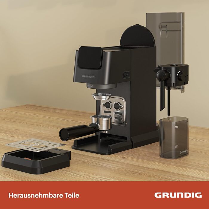 Еспресо-кавоварка GRUNDIG KSM 5330 з молочним контейнером, 1628 Вт, 15 бар, двійна насадка, сенсорний дисплей, BrewSense, CreamyPro, нержавіюча сталь/чорна