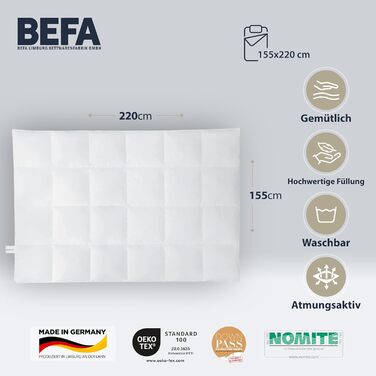 Зимова пухова ковдра BEFA NATUR 155x220 см, 60% пух, 40% перо, гіпоалергенна, сертифікат OEKO-TEX 100, Made in Germany