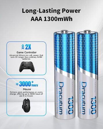 Набір акумуляторів AAA Li-ion 1.5V (12 шт) з зарядним пристроєм, 1300mWh, висока ємність, 2000 циклів зарядки та кейсом для зберігання