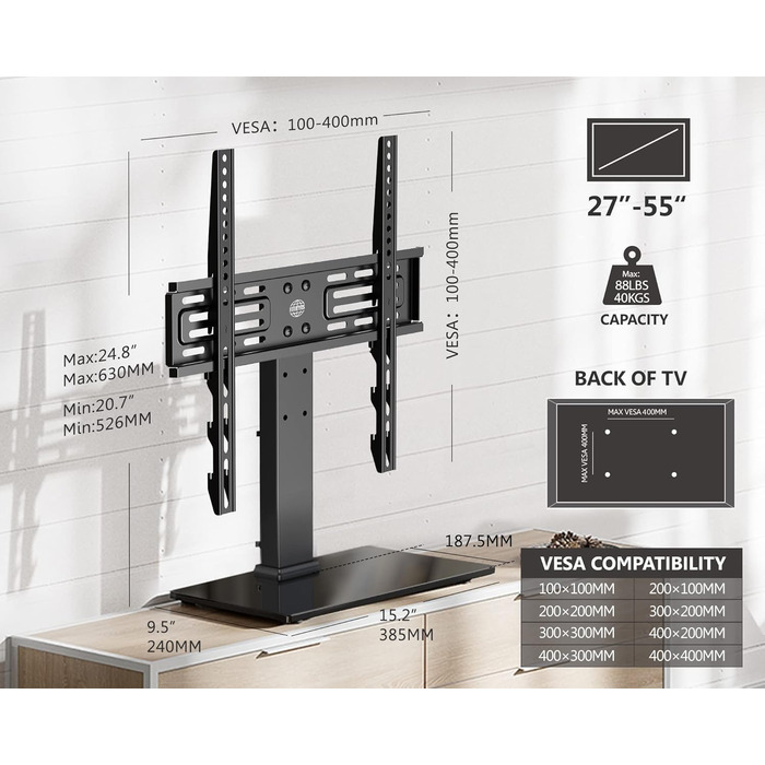 Підставка для телевізора FITUEYES 27-55'' LCD LED OLED Plasma, регульована висота, VESA 400x400 мм, до 40 кг, для плоских і вигнутих екранів