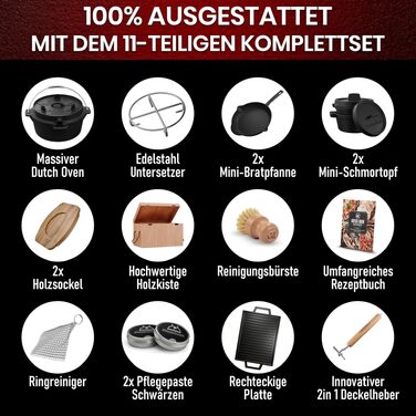 Набір чавунного посуду GUSSKÖNIG Dutch Oven (11 предметів) — передзагартований чавунний казан, сковорода, гриль-казан, підставка, шкіряні рукавички та аксесуари, Small Set, чорний