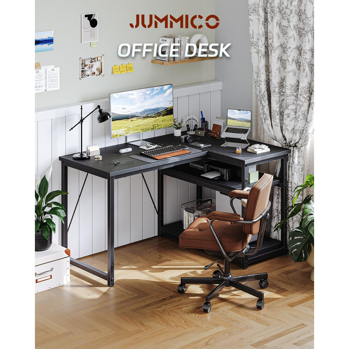 Кутовий комп'ютерний стіл JUMMICO L-подібний 100x80 см з полицями, чорний - для дому та офісу