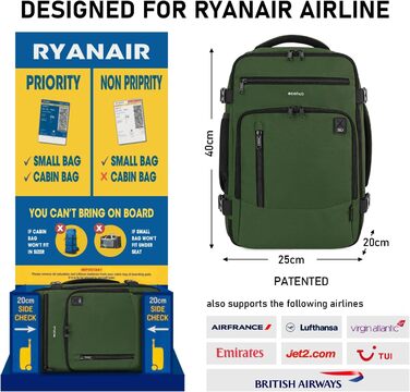 Екологічний рюкзак ECOHUB 40x20x25 см для ручної поклажі Ryanair, водонепроникний, з відділенням для ноутбука, 20 л, зелений, з переробленого PET, під сидіння, жіночий, патентований дизайн