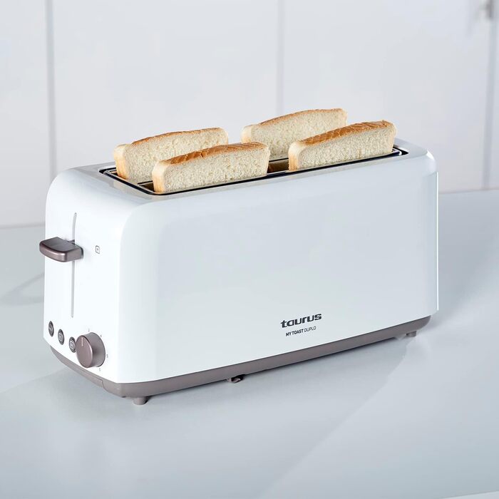 Тостер Taurus Mytoast Duplo 1450Вт, 2 довгі відсіки, 7 режимів, автоматичне центрування, піддон для крихт, функції розігріву, розморожування та стоп