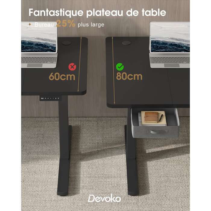 Регульований стіл Devoko 160x80 см з висувними ящиками, USB-порт, органайзер для кабелів, стіл для комп'ютера з 3-ма режимами пам'яті, білий (чорний)
