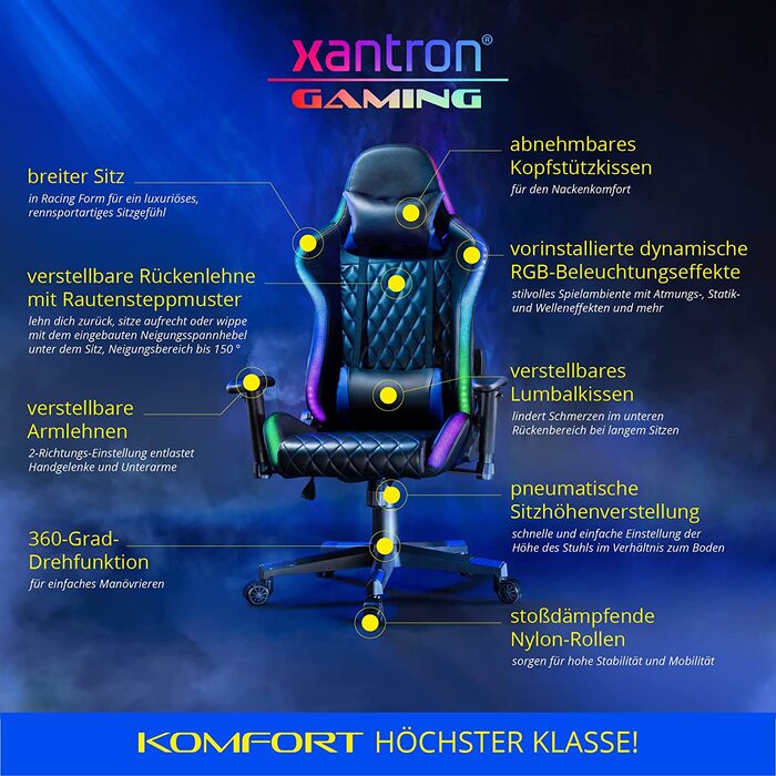 Ігровий крісло Xantron® з RGB підсвічуванням, чорний, PVC шкіра, до 150 кг, регульоване газовою пружиною