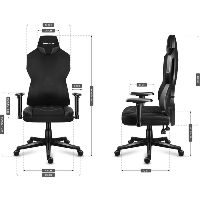 Ігрове крісло Huzaro Combat 6.2 Black RGB з LED підсвіткою, тканинне, чорне, регульована спинка, підлокітники та висота сидіння, для геймерів та офісу, витримує до 140 кг