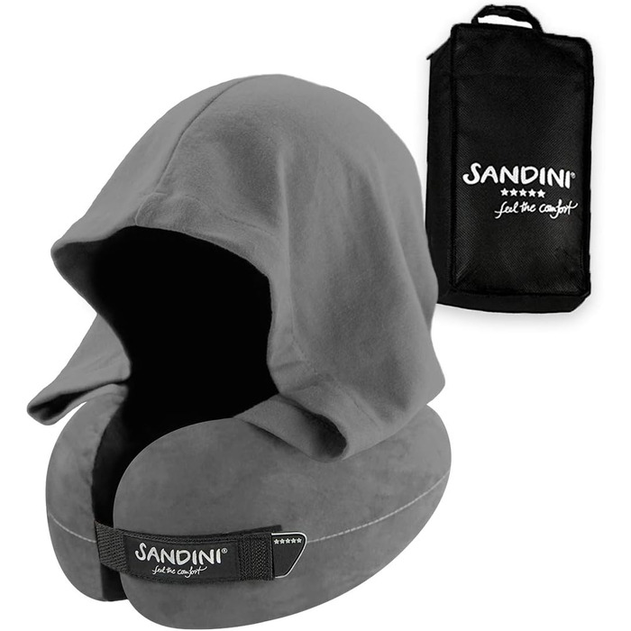 Подушка для подорожей SANDINI TravelFix Hoodie з ергономічною підтримкою шиї та капюшоном, преміум велюр, антрацит, чохол у комплекті
