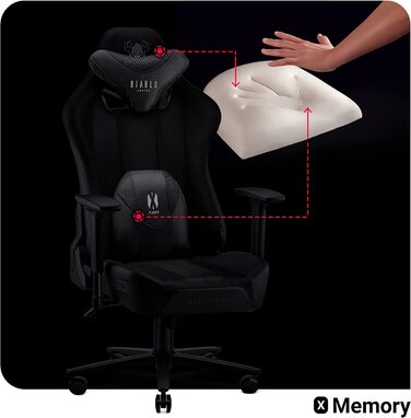 Ігрове крісло Diablo X-Player 2.0, тканина, 3D підлокітники, ергономічне, подушки для шиї та попереку, з функцією гойдання, чорне, розмір XL