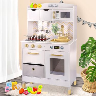 Дерев'яна дитяча кухня Kinderplay з LED та звуками приготування їжі – регульована висота 92–107 см – іграшкова кухня для ролевих ігор від 3 років – повний комплект з аксесуарами, світло-сірий колір Elegant - світло-сірий