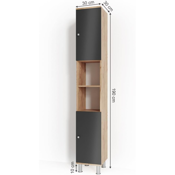 Високий шафа для ванної Vicco Fynn, антрацит/золотий дуб, 30x190 см