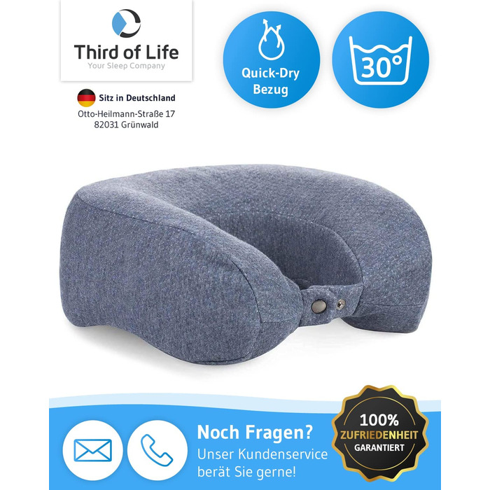 Ергономічна подушка для шиї ANDAR QuickDry з Memory-Foam для подорожей, швидковисихаючий чохол, проти болю в шиї, сіра, для літака, авто