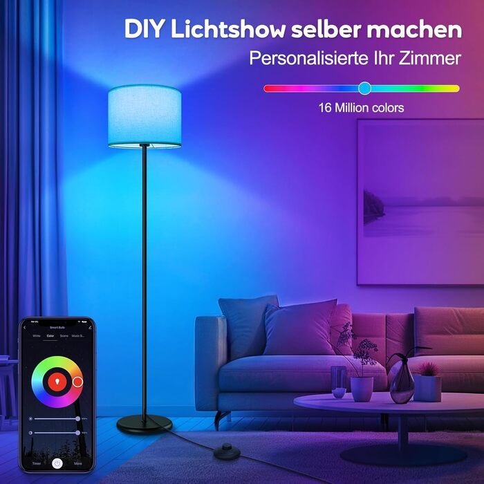LED торшер димований RGB 156 см для вітальні, управління через додаток, сумісний з Alexa/Google Assistant, 16 млн кольорів, DIY-режим, музичний режим, WiFi лампа E27