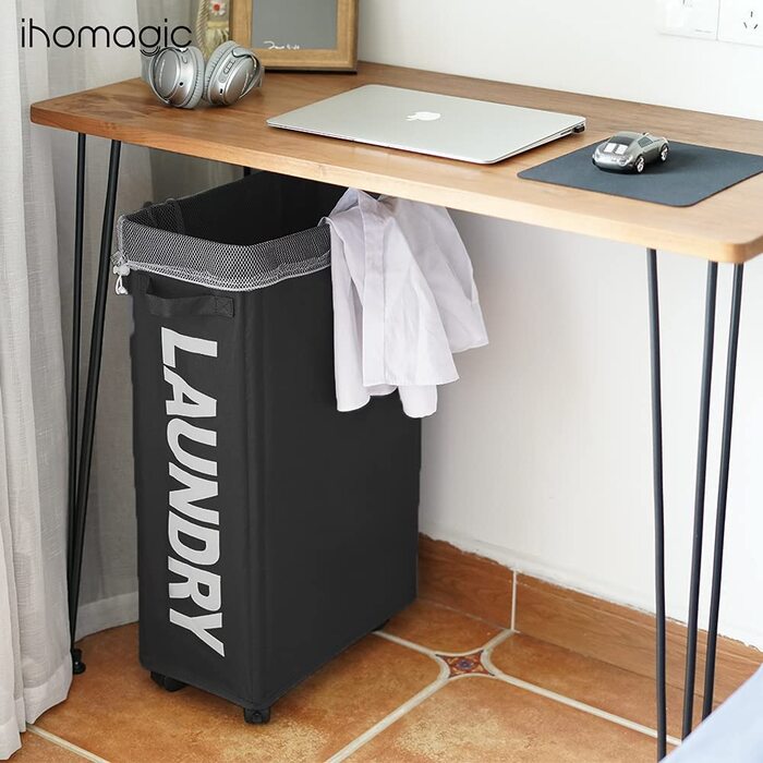 IHOMAGIC Кошик для білизни 62 л з колесами, знімний мішок, складаний, з ручками, чорний – для брудної білизни, зберігання речей