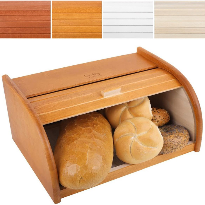 Дерев'яна хлібниця Creative Home Erle з роликовою кришкою, 38x28,5x17,5 см, натуральна, для хліба, булочок та випічки, стильна хлібна скриня для кухні
