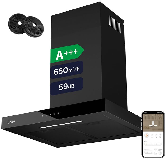 Витяжка для кухні CIARRA CBCS6102 A+++ 60см, чорна, продуктивність 650м³/год, з вугільним фільтром CBCF003, сенсорне керування, режим рециркуляції та відведення повітря