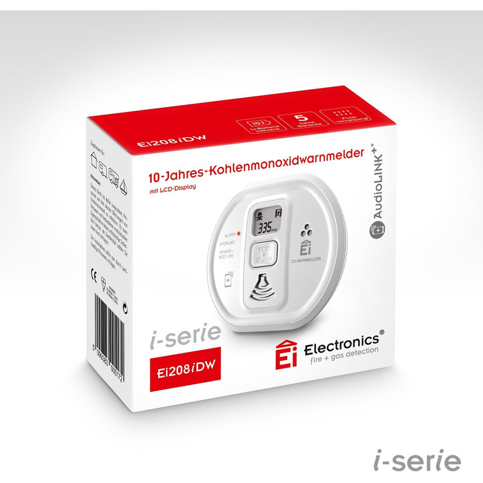 Детектор чадного газу Ei Electronics Ei208D з LCD-дисплеєм, 10 років роботи від батареї, автономний, білий (i-Series з дисплеєм)